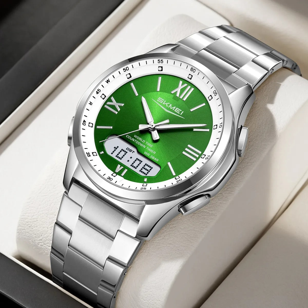 SKMEI 2459 Analog Digital World Time Sports Watch - silver/green image 1