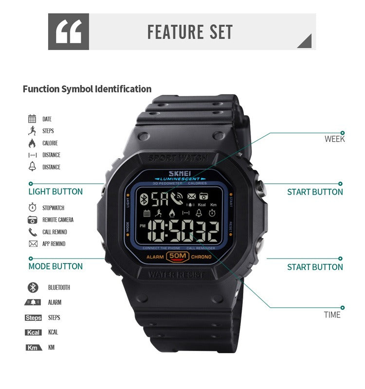 SKMEI - 1629 - Bluetooth Step Count High Quality Sports Watch Pedometer - Black image 3