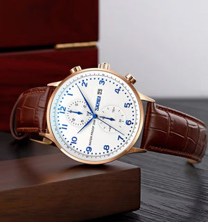 Skmei - 9301 - Classic Leather Chronograph Watch - Rosegold/Silver/Blue image 2