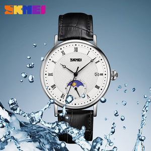 SKMEI 9308 Moon Phase Roman Leather Watch - silver/black image 4