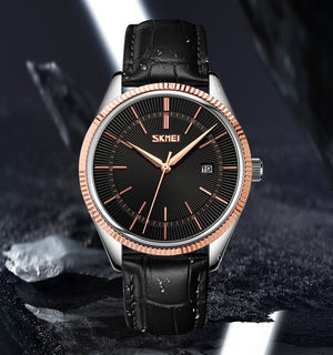 Skmei - 9298 - Leather Strap Casual Analog Quartz Watch - silver/rose gold-black image 1