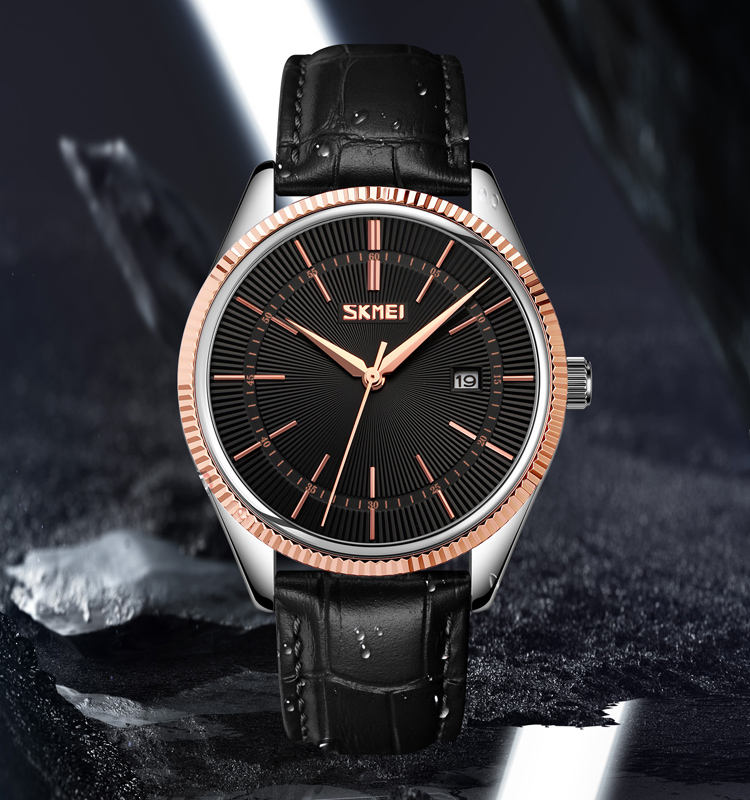 Skmei - 9298 - Leather Strap Casual Analog Quartz Watch - silver/rose gold-black image 1
