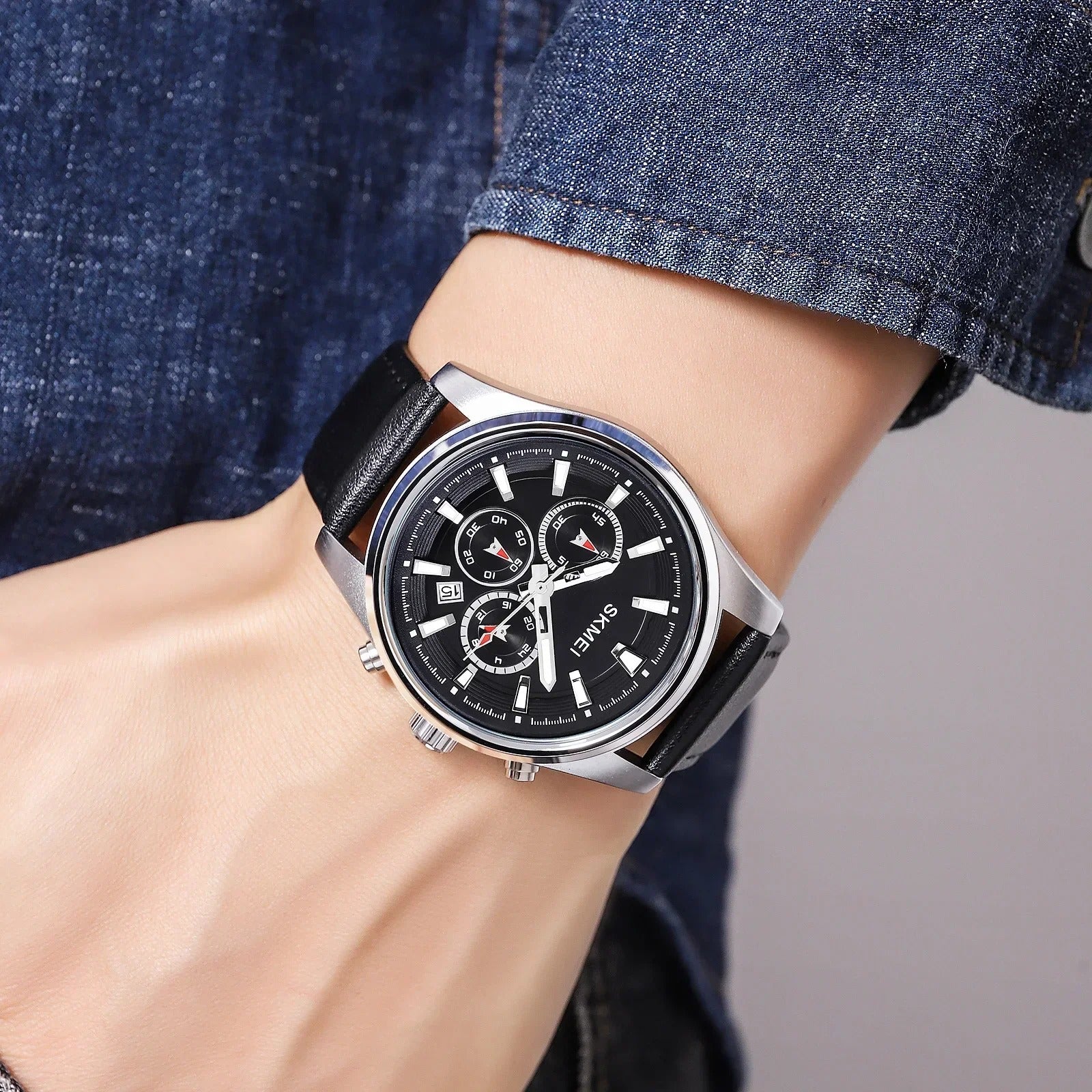 SKMEI - 2071 - High Quality Luxury Watch - Silver/Black-Leather image 5