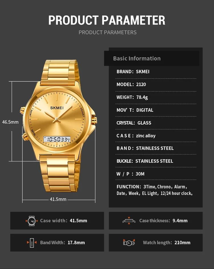 Skmei - 2120 - Electronic Luminous 30m Waterproof - Golden image 3