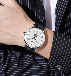 SKMEI 9308 Moon Phase Roman Leather Watch - silver/black image 3