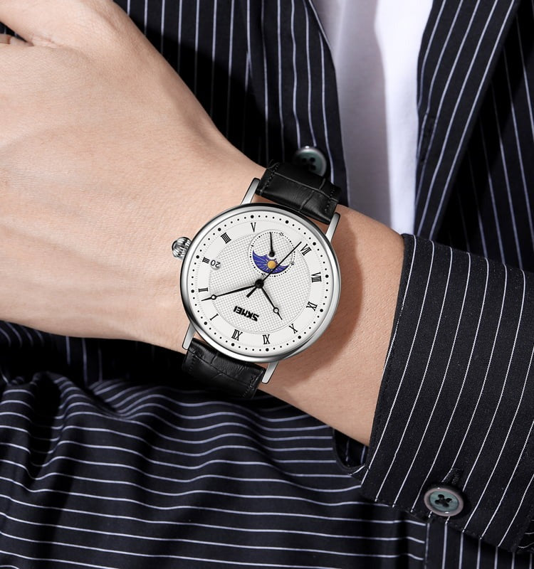 SKMEI 9308 Moon Phase Roman Leather Watch - silver/black image 3