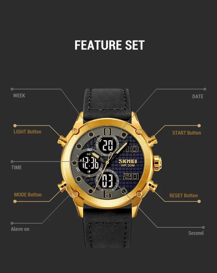 Skmei - 1975(strap)- Luminous 30m Waterproof Mutifunctional - Gold/Black-White image 3