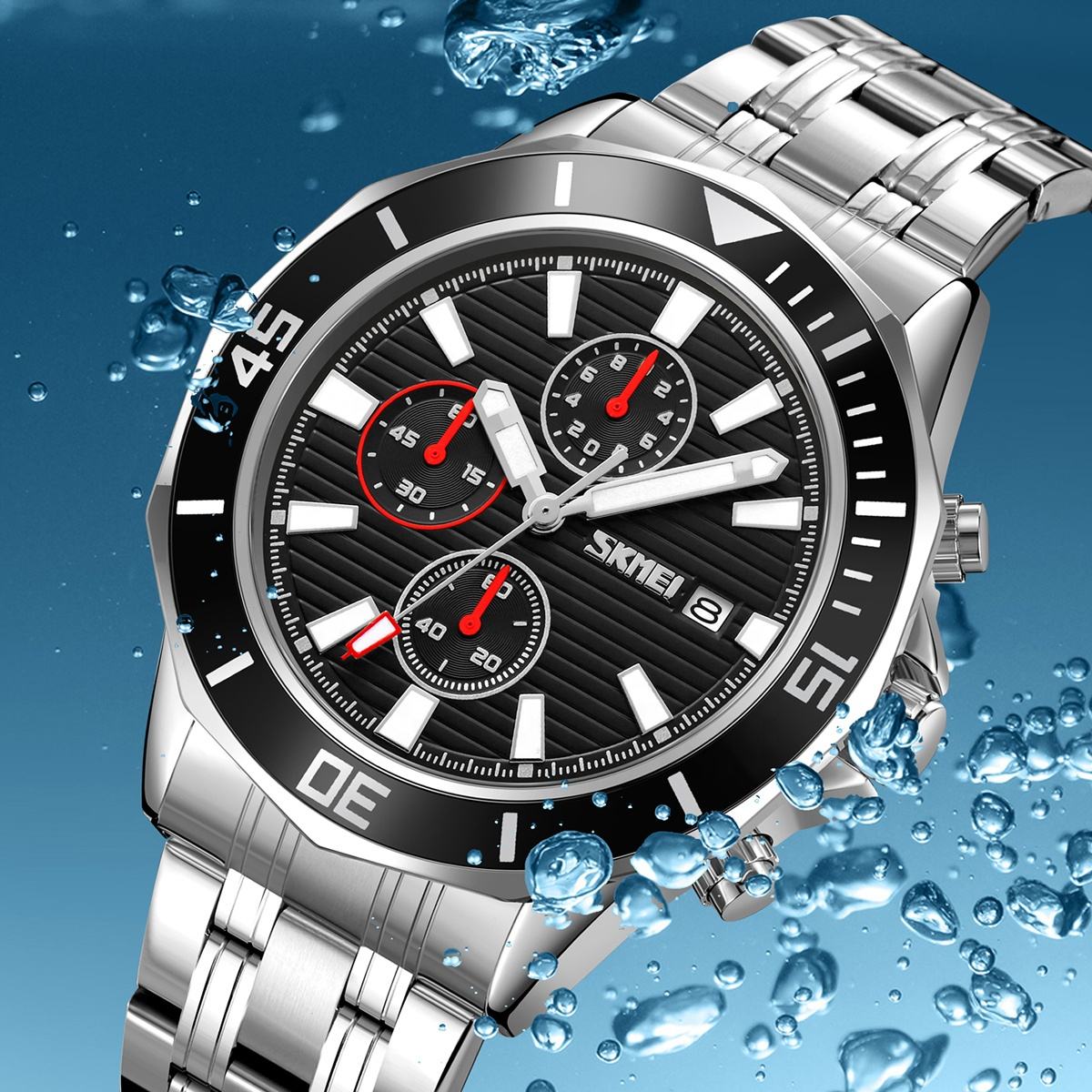 SKMEI - 9335 - Luxury Quartz Chronograph Stainless Steel Watch - silver/black image 2