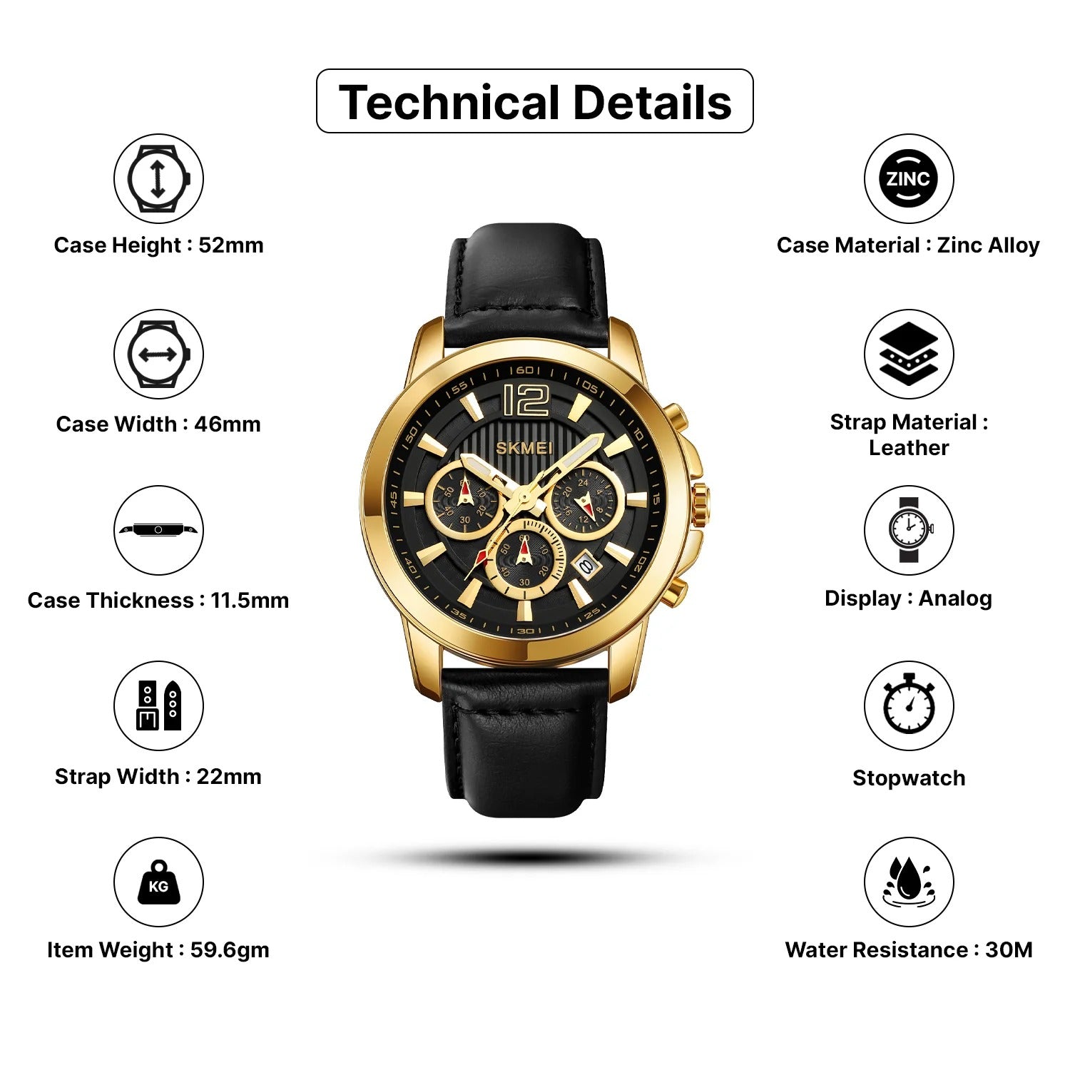 SKMEI - 1989 - Chronograph High Quality Leather Watch - Gold/Black image 3