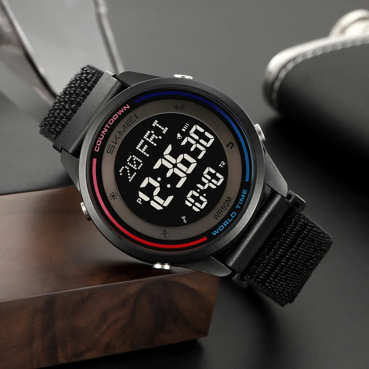 SKMEI 2412 Digital Countdown World Time Sports Watch - black/nylon image 1
