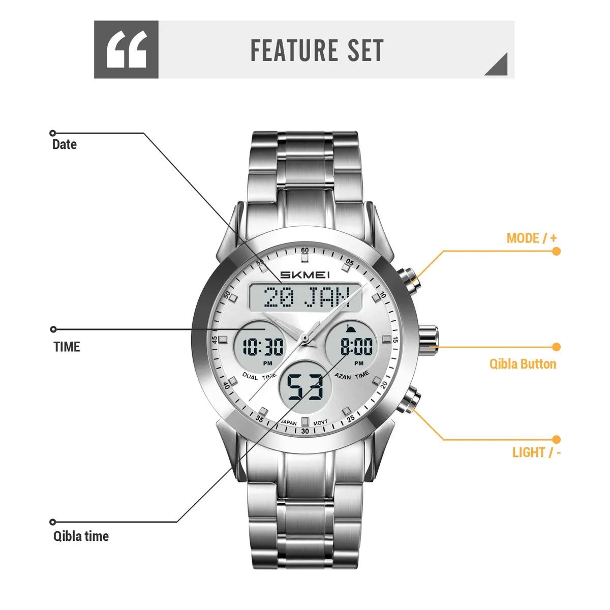 SKMEI - 2381 - Qibla Azan Time Reminder Prayer Watch - silver image 3