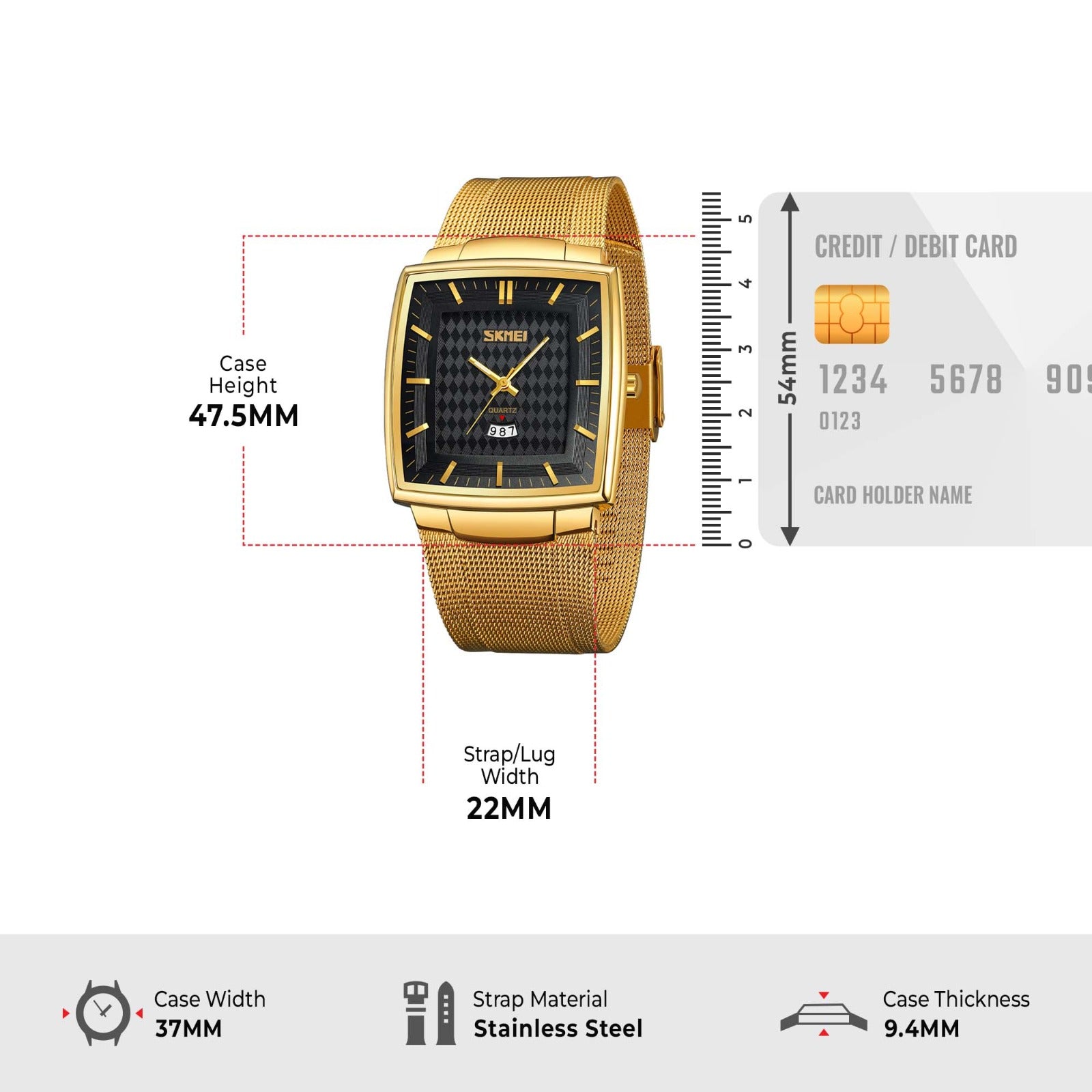 SKMEI - 9311 - Elegant Square Quartz Mesh Edition Watch - gold/black image 3