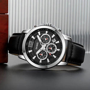 SKMEI - 1989 - Chronograph High Quality Leather Watch - Silver/Black image 4