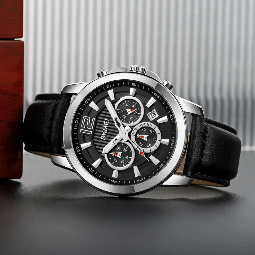 SKMEI - 1989 - Chronograph High Quality Leather Watch - Silver/Black image 4