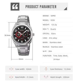 SKMEI - 9350 - 3ATM Waterproof Men Business Watch - Silver/Black image 3