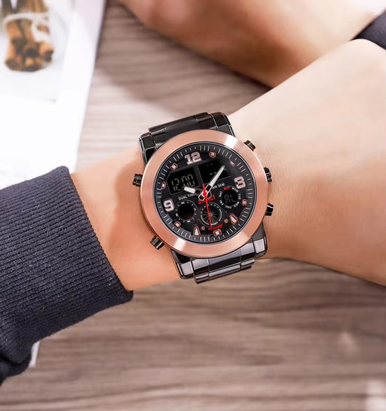 SKMEI - 1642 - Three Times Dial Analog and Digital Quartz Watches - Rose Gold image 1