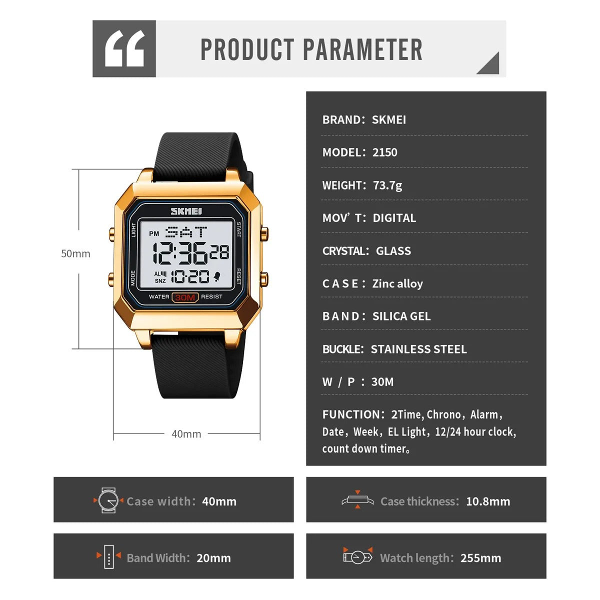 Skmei - 2150 - Digital Electronic Sports Watch - gold/black image 3