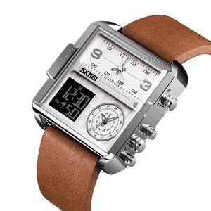 Skmei - 1584 - Sports Quartz Waterproof Tiple time - Silver/Brown-Leather image 1