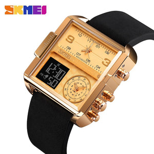 Skmei - 1584(strap) - Sports Quartz Waterproof Tiple time - Gold/Black-Leather image 1
