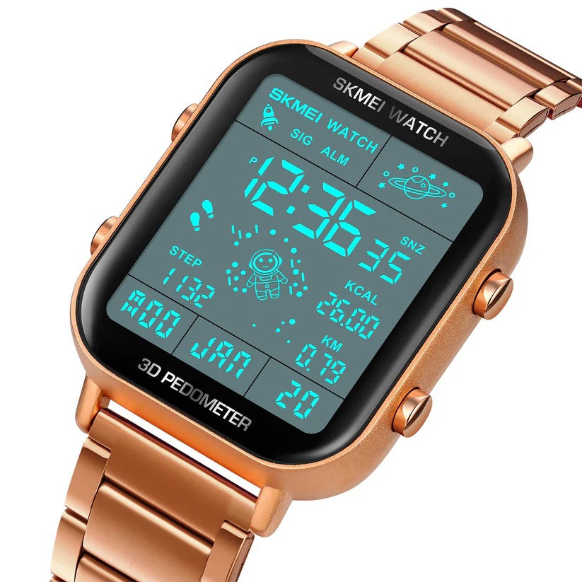 Skmei - 1888 - Digital Dial Step Count Pedometer Stainless Steel Watch - Rosegold image 2