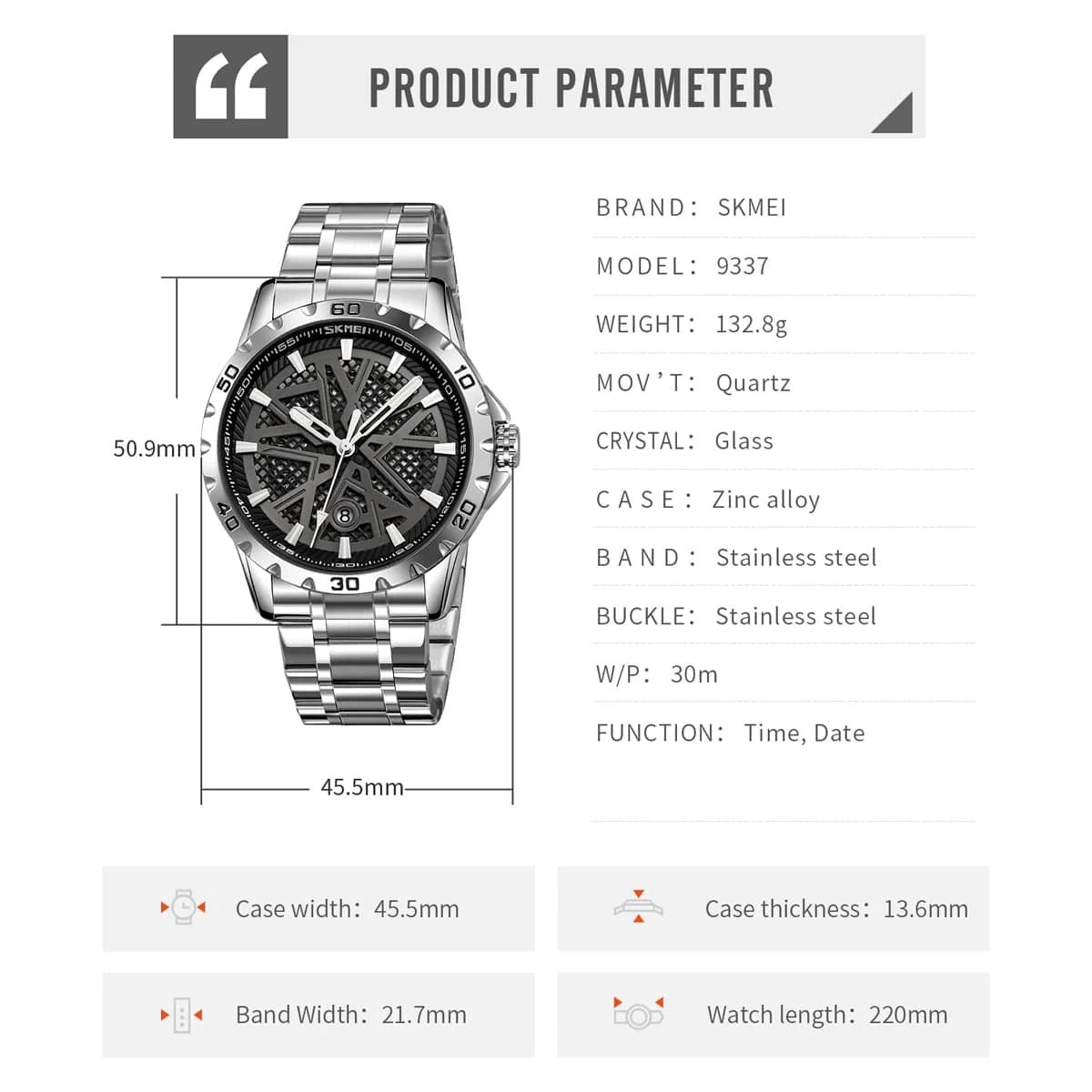 Skmei - 9337 - Digital Stainless Steel Watch - Silver/Black image 5