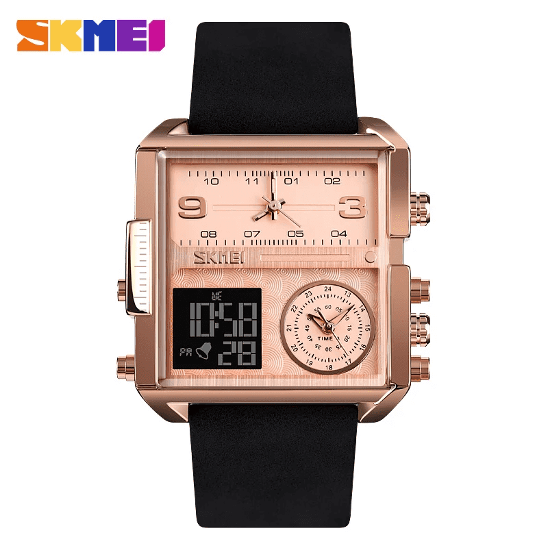 Skmei - 1584(strap) - Sports Quartz Waterproof Tiple time - RoseGold-Leather image 0