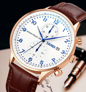 Skmei - 9301 - Classic Leather Chronograph Watch - Rosegold/Silver/Blue image 4