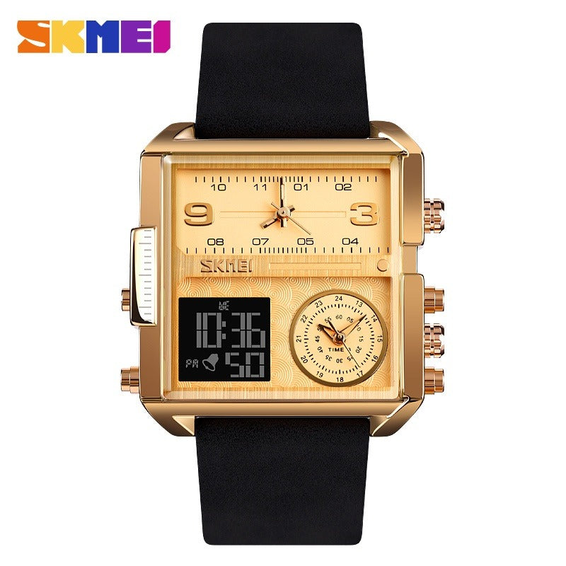 Skmei - 1584(strap) - Sports Quartz Waterproof Tiple time - Gold/Black-Leather image 0