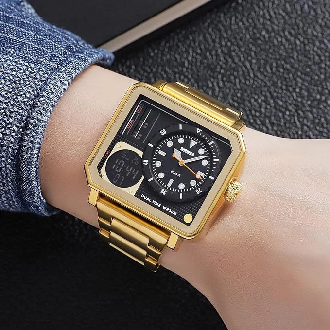 SKMEI - 2025 - LED Backlight Large Screen Multi-Time Zone Waterproof Watch - Golden image 1