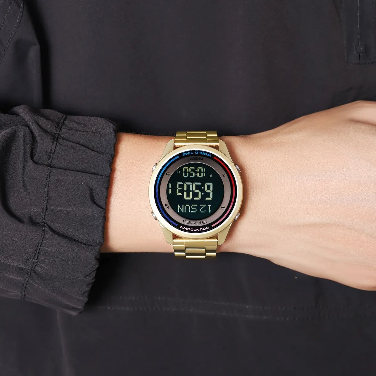 SKMEI 2412 Digital Countdown World Time Sports Watch - Gold/steel image 2