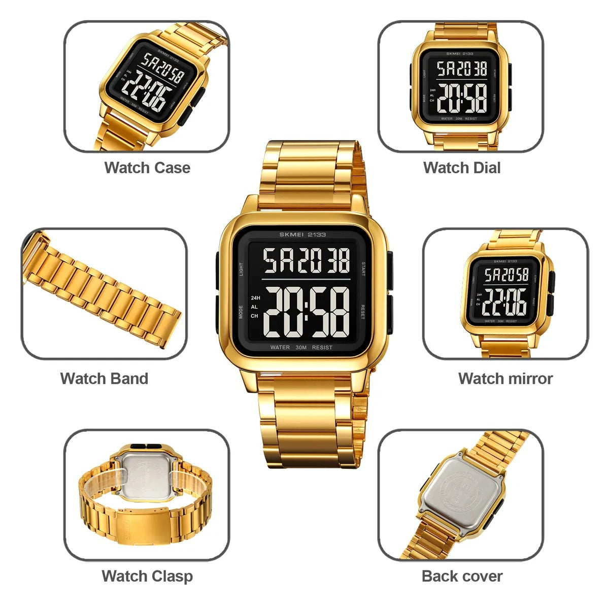 SKMEI 2133 Square Digital Stainless Steel Sports Watch - gold image 2