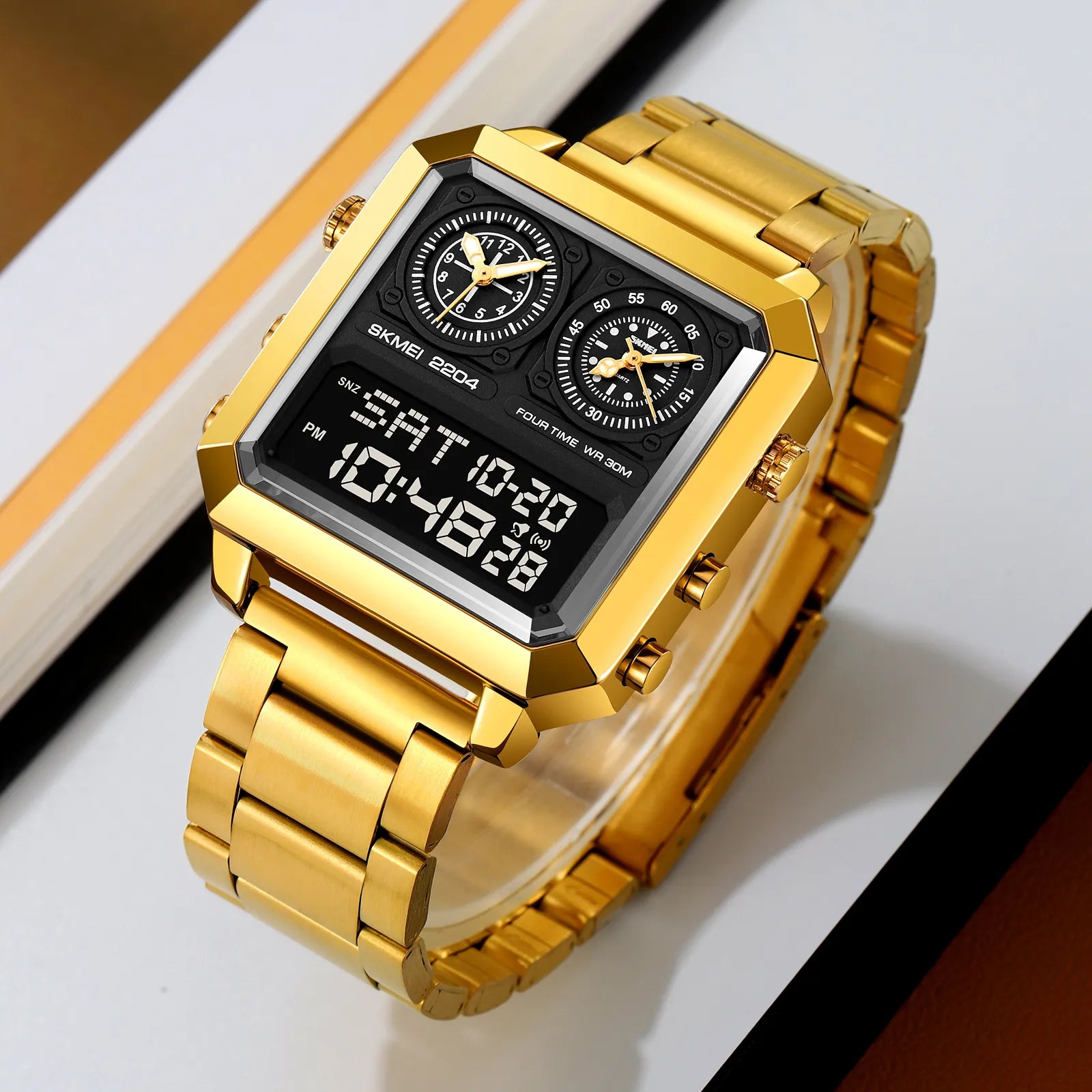 SKMEI - 2204 - Digital Luminous 4 Time Square - gold/black image 1