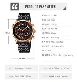 SKMEI 9333 Analog Chronograph Stainless Steel Watch - Rosegold/Black image 2