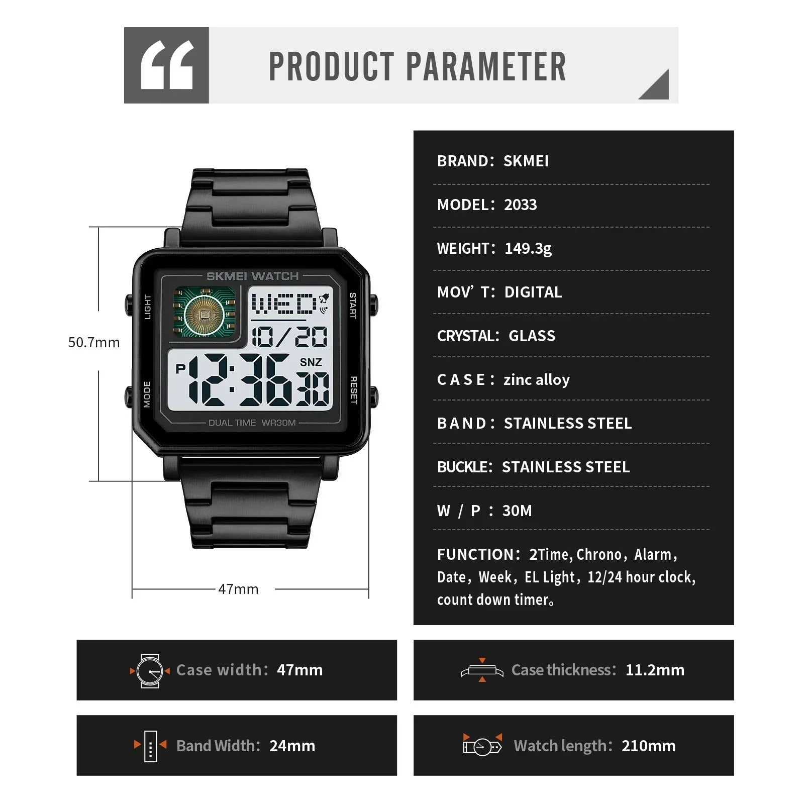 Skmei - 2033 - Bold Square Advanced Digital Functions Watch - black image 5
