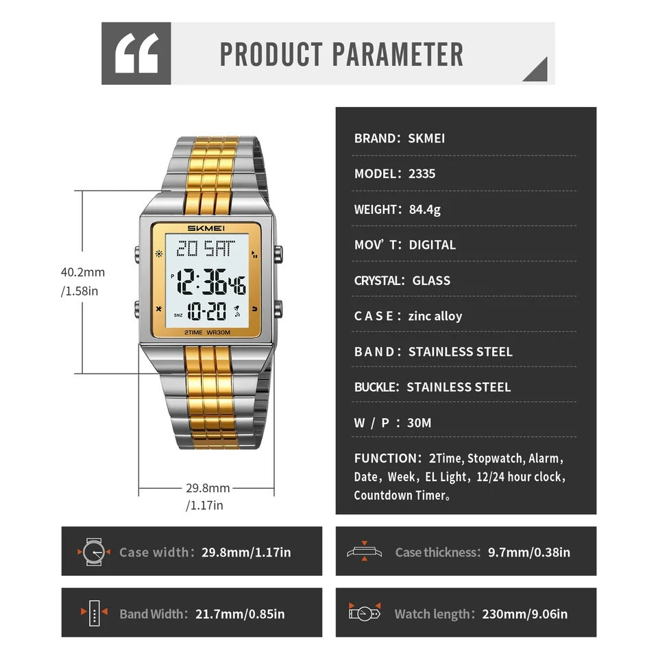 SKMEI - 2335 - Digital Multifunction Stainless Steel Watch - Gold/Silver image 6