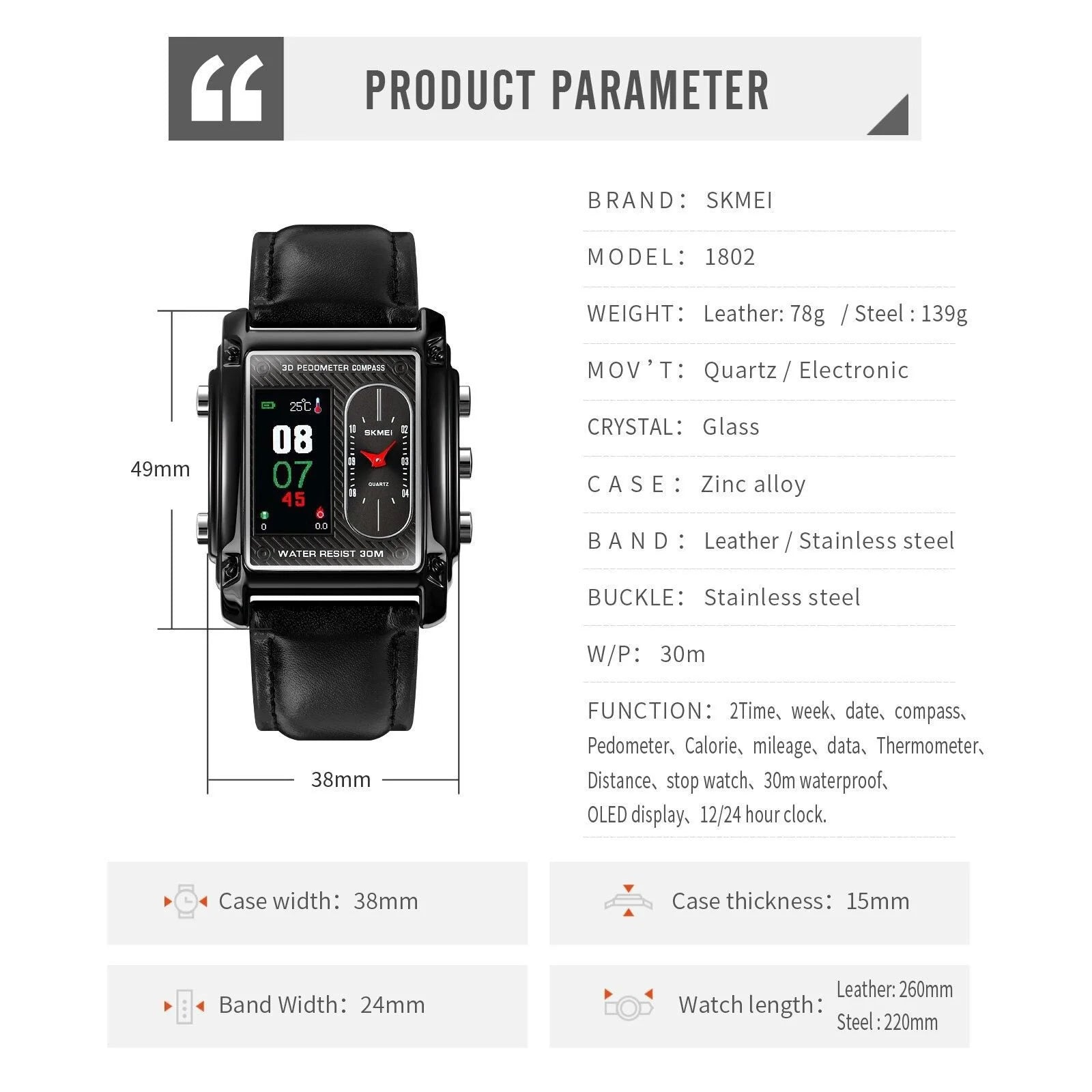 Skmei - 1868 (strap) - Digital LED Luminous Waterproof - Silver-Leather image 4