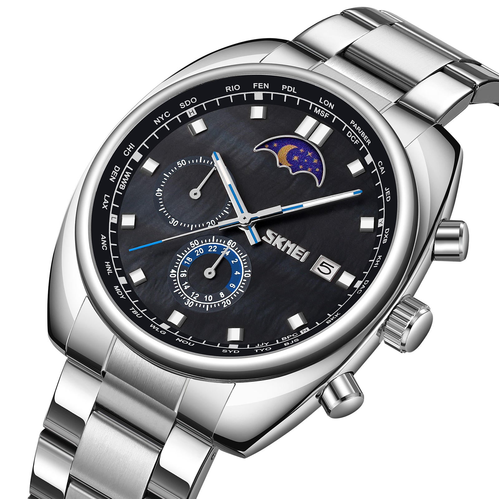 SKMEI - 9325 - Quartz Luxury Moon Phase Chrono Watch - Silver/Black image 0
