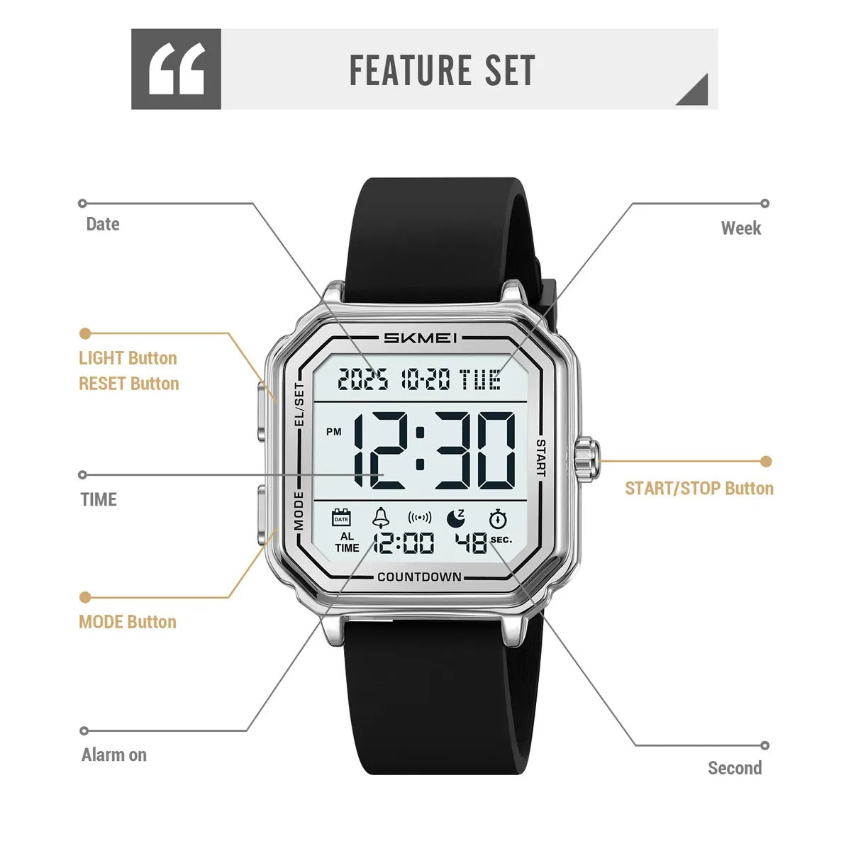 Skmei – 2559 – Digital Classic Sports Watch – Silver / Silica image 3