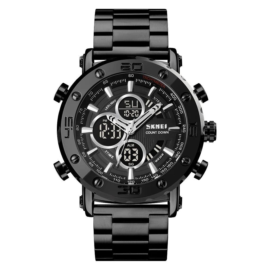 SKMEI - 1636 - Dual Time Analog Digital Luxury Casual Business Watch - Black / black image 0