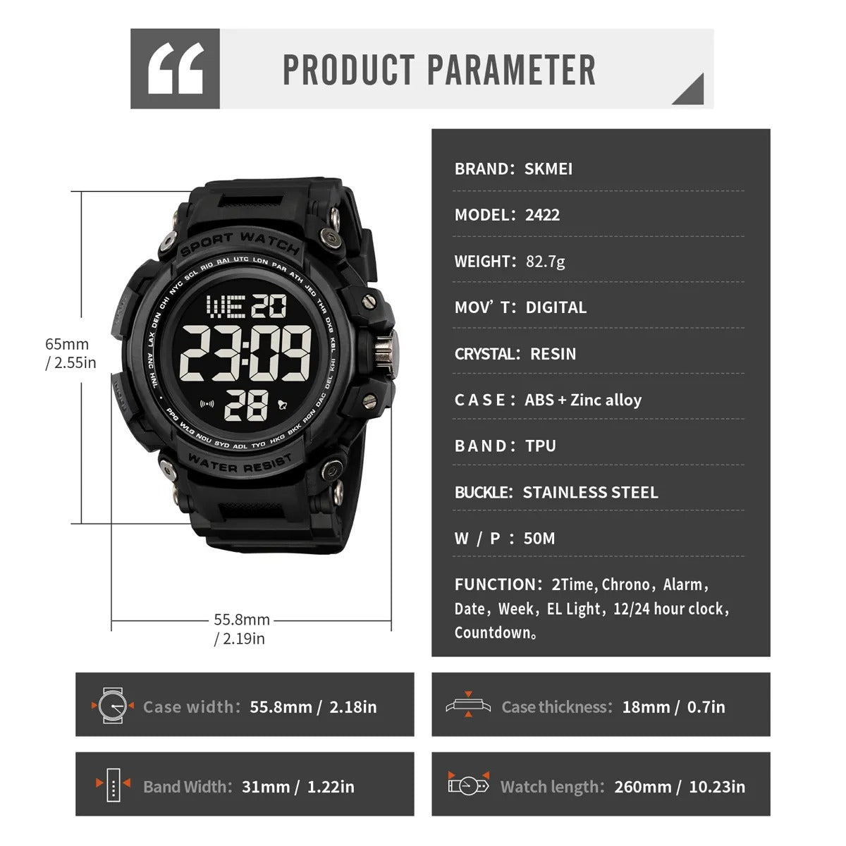 Skmei - 2422 - Digital Big Dial Shock Sports Watch - black image 5