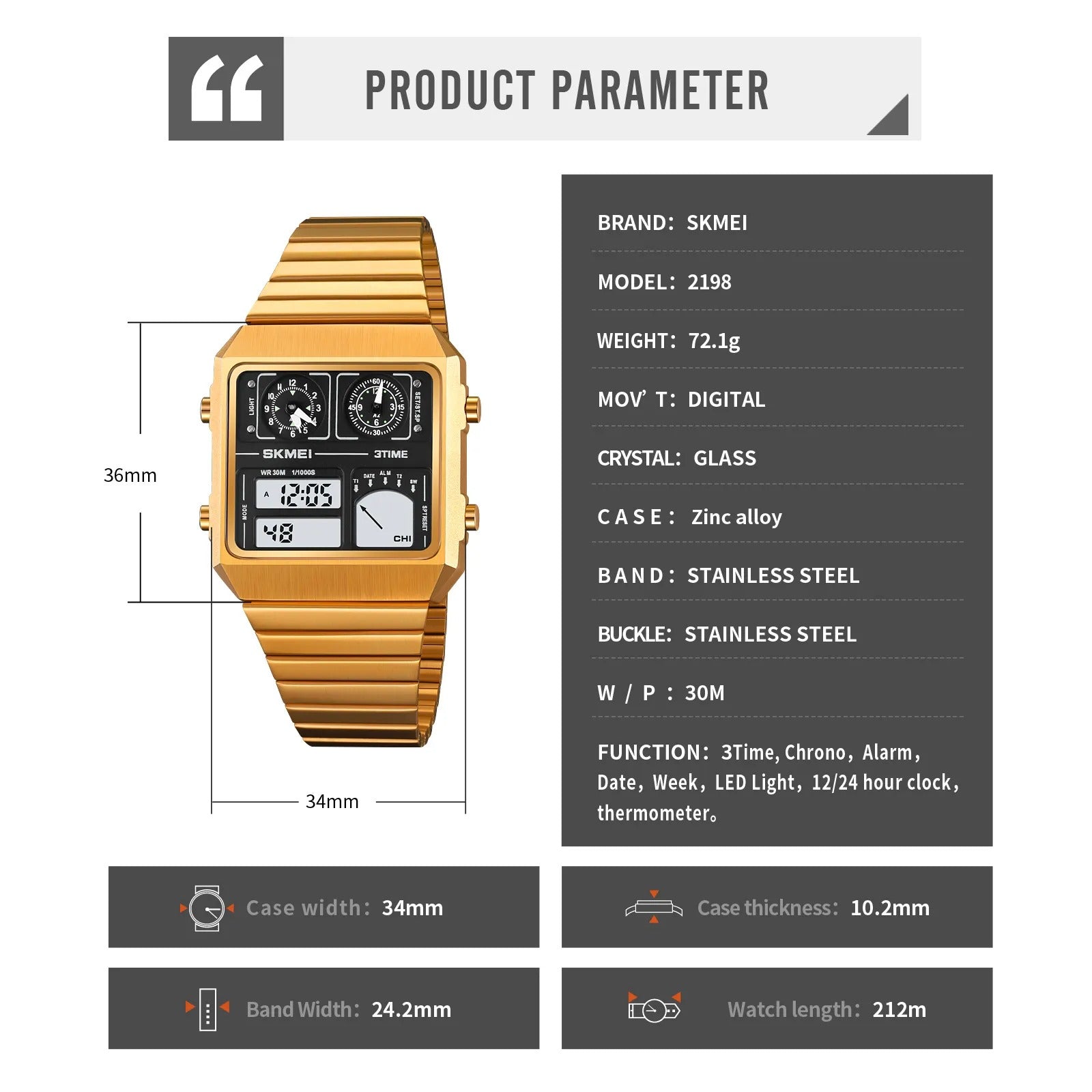 SKMEI 2198 Digital Thermometer Multifunctional Watch - gold image 3