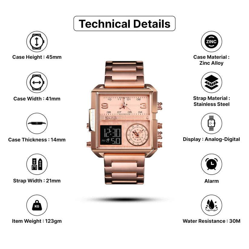 Skmei - 1584 - Sports Quartz Waterproof Tiple time - RoseGold-Steel image 3