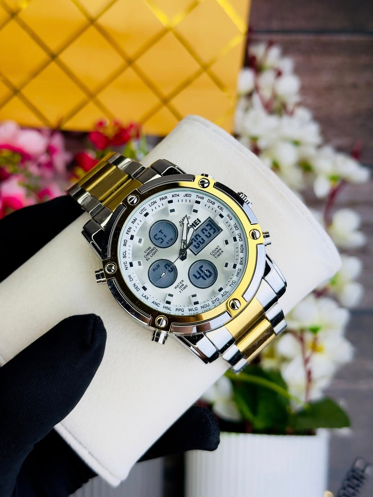 1389 (2) Skmei – 1389 – Dual Display Waterproof Business Watch - Silver/Gold-Silver - Image 2