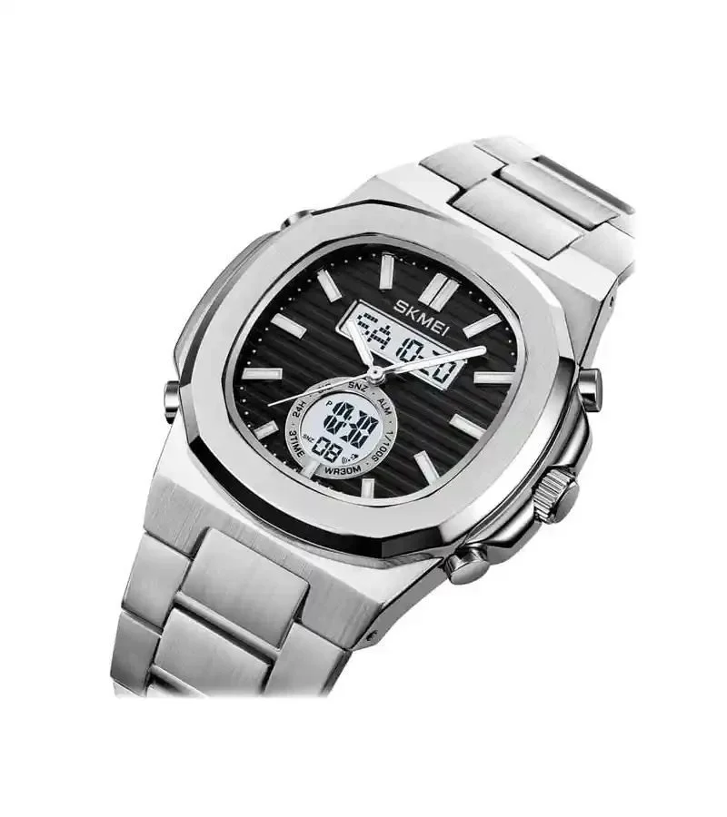 2279-9 Skmei - 2279 - Dual Time Stainless Steel Digital Watch - Silver/Black - Image 2