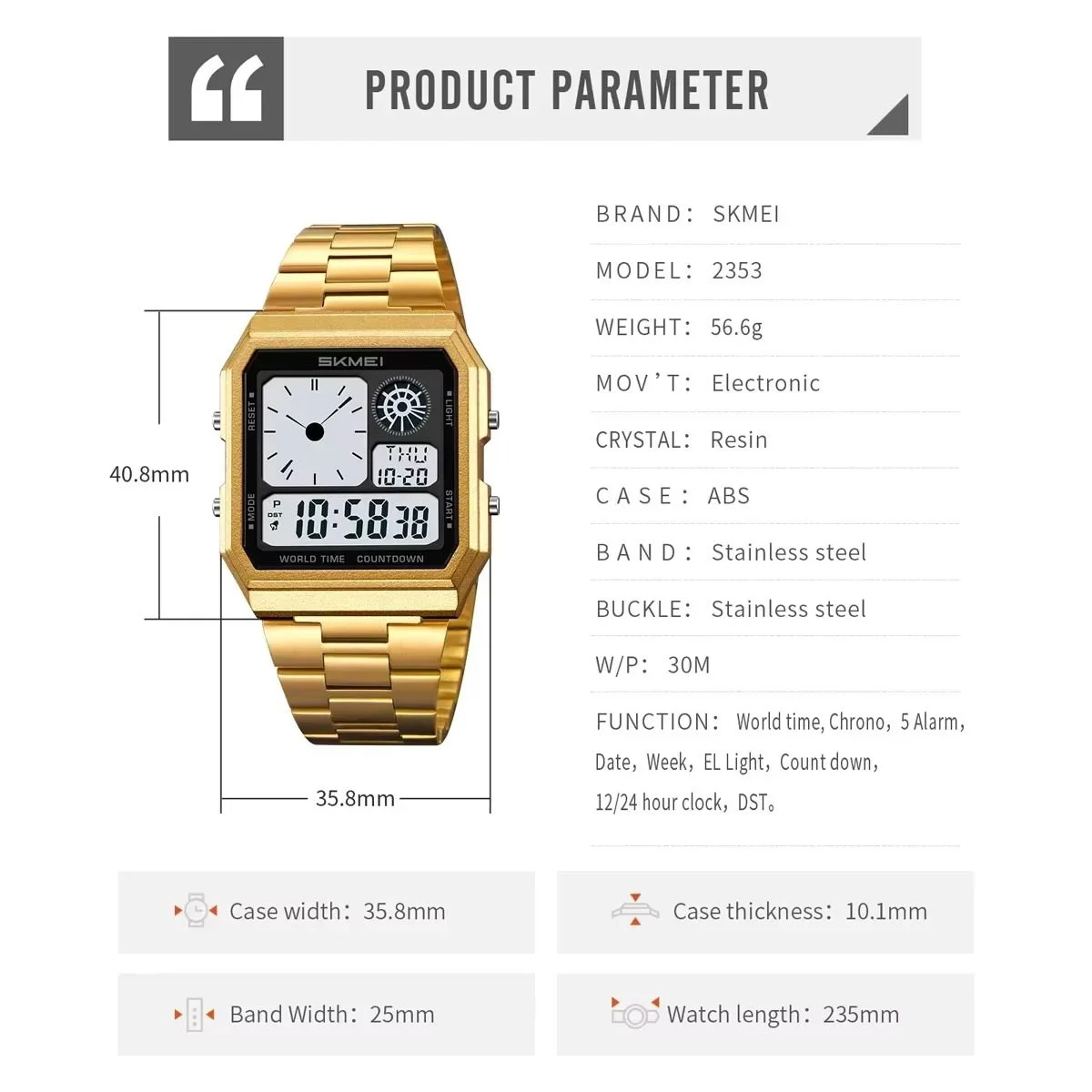 2353-5 Skmei - 2353 - Digital World Electronic Watch - Gold - Image 5