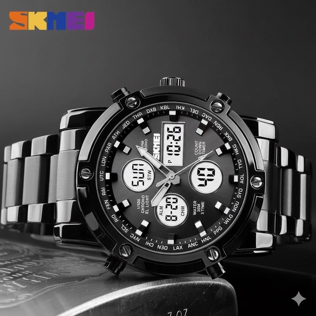 1389 (1) Skmei - 1389 - Dual Display Waterproof Business Watch - Black/Black/White - Image 5