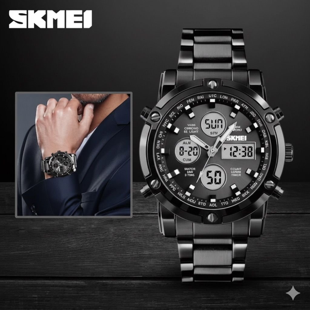 1389 (2) Skmei - 1389 - Dual Display Waterproof Business Watch - Black/Black/White - Image 4