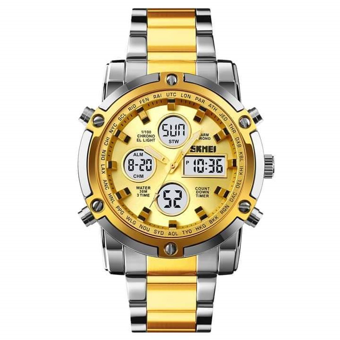 1389 (2) Skmei - 1389 - Dual Display Waterproof Watch - Silver/Gold-Gold - Image 1