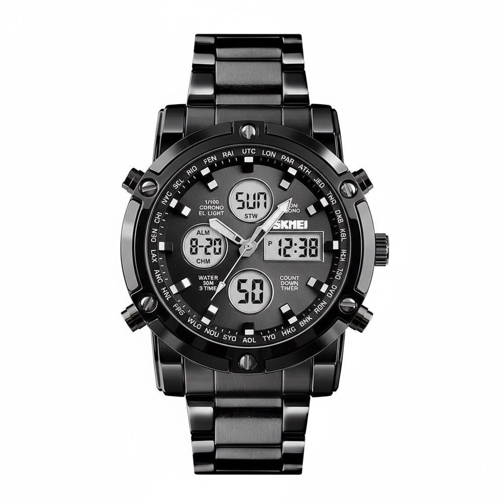 1389 (4) Skmei - 1389 - Dual Display Waterproof Business Watch - Black/Black/White - Image 1