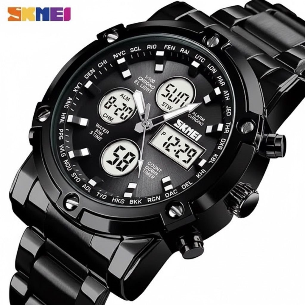 1389 (5) Skmei - 1389 - Dual Display Waterproof Business Watch - Black/Black/White - Image 2